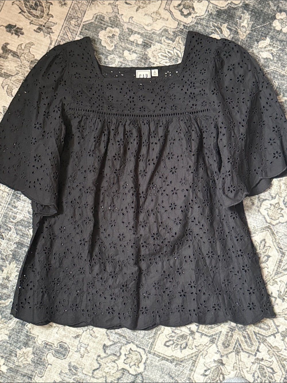 GAP Black Eyelet Square-Neck Flutter Sleeve Top